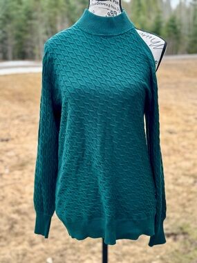 Addition Elle Teal Cable-Knit One-Shoulder Sweater